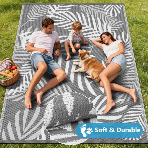 Kohree Outdoor Rug, Leaf, 8x10, Grey & White
