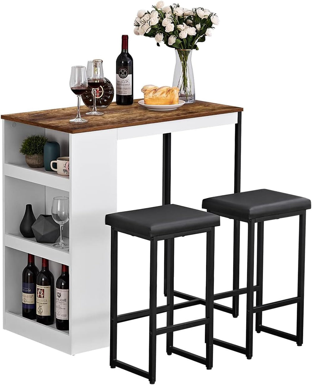 Panana 3 Piece Dining Table Set Kitchen Bar Table with Two Stool Storage Shel...