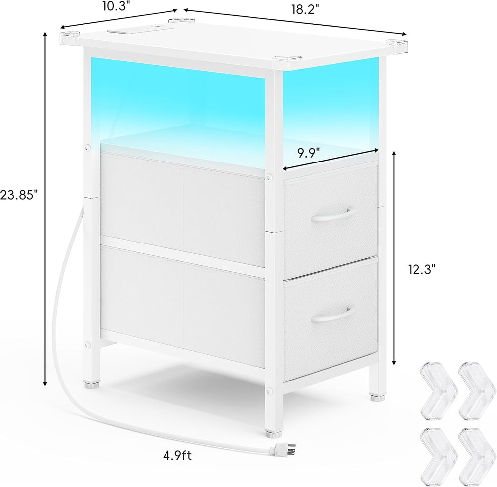 Vagusicc White Nightstand with Charging Station and LED Lights, Narrow Side T...