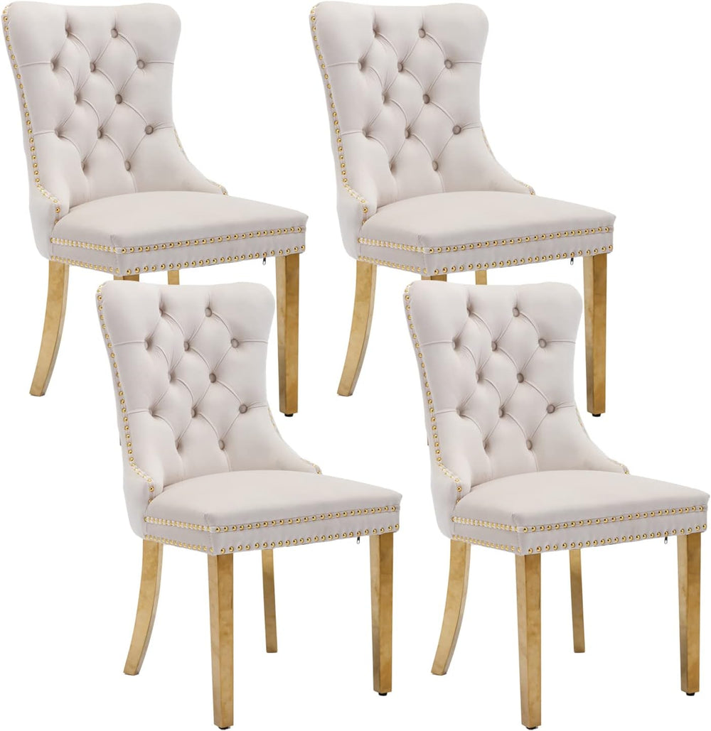 Beige Velvet Dining Chairs Set of 4, Upholstered Dining Room Chairs with Back...