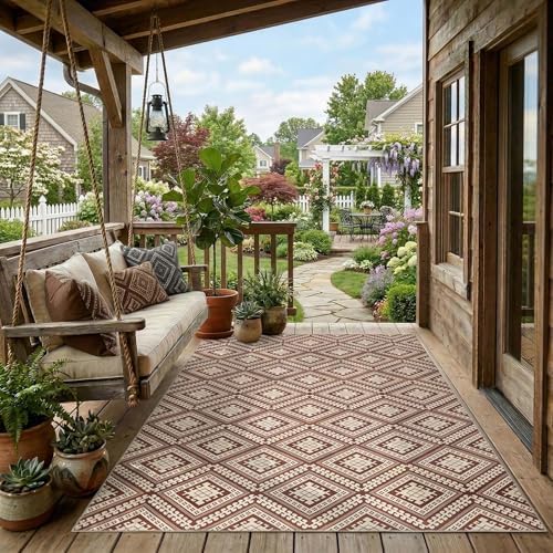 jinchan 5x7 Faux Jute Area Rug Washable Tile-Inspired Rug, Terracotta Brown