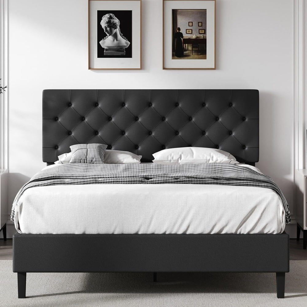 REVOMINCA Full Faux Leather Bed Frame with Headboard, Black