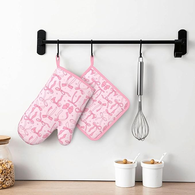 Pink Cute Ribbon Bow Silicone Oven Mitts Pan Mats Set of 2, Heat Resistant - Image 6