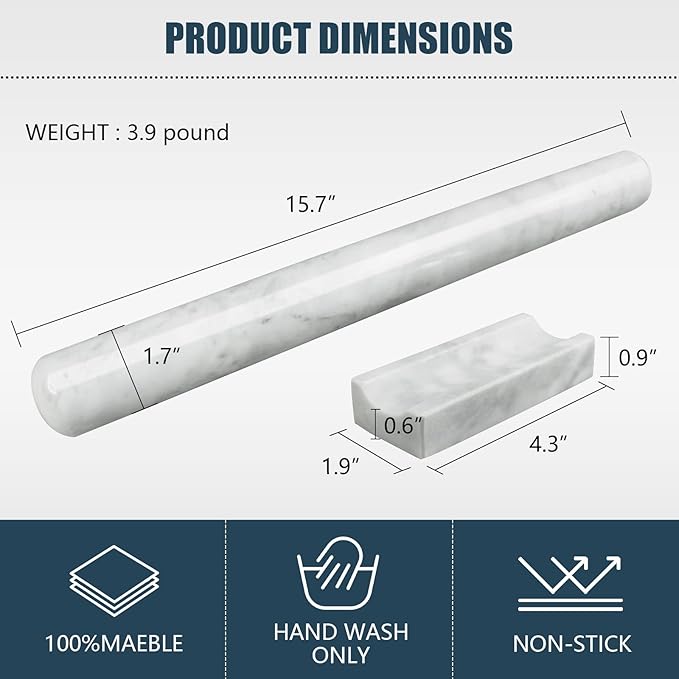 Marble Rolling Pin with Stand, 15.7" White Stone French Heavy Polished Non - Image 2