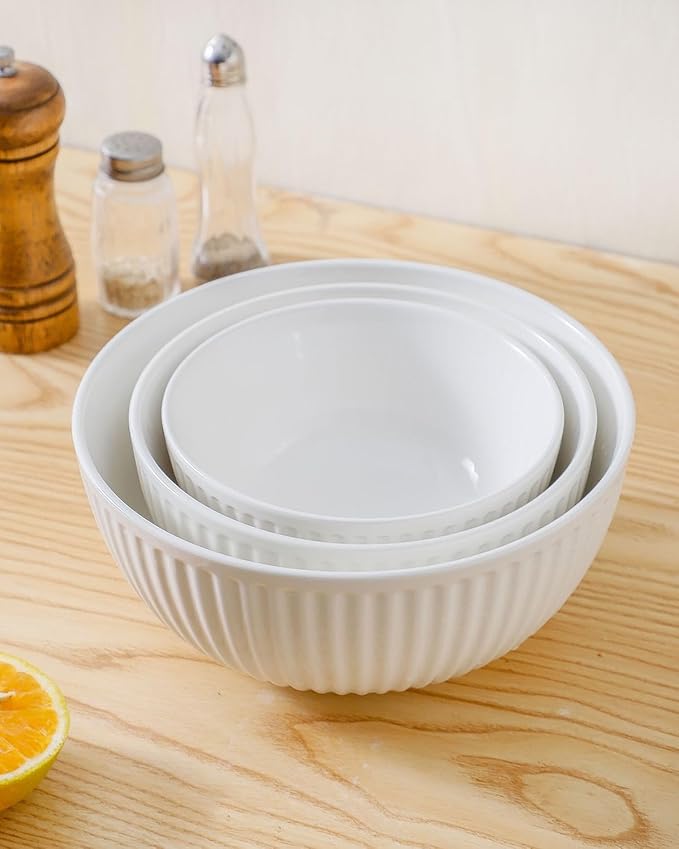 HASENSE Ceramic Ribbed Nesting White Bowls 1.5/1/0.5 Qt