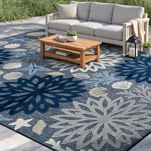 Rugshop Coastal High-Low Textured Floral Indoor Outdoor Rug Navy 5' x 7'