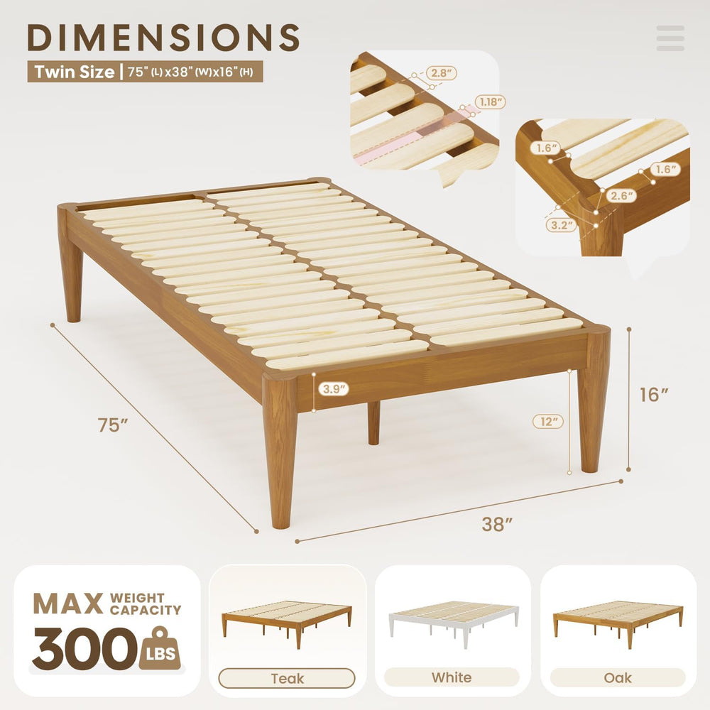 IOTXY Twin Platform Bed Frame - 16" Wood Mattress Foundation Base, Teak