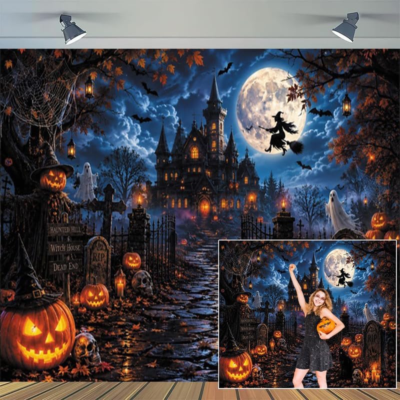 Halloween Backdrop 10x8ft Spooky Castle Full Moon Photography Background