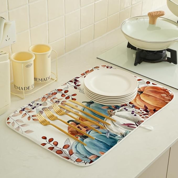 Fall Dish Drying Mat 18 x 24 Inch Autumn Maple Leaf Pumpkin Drying Mat - Image 2