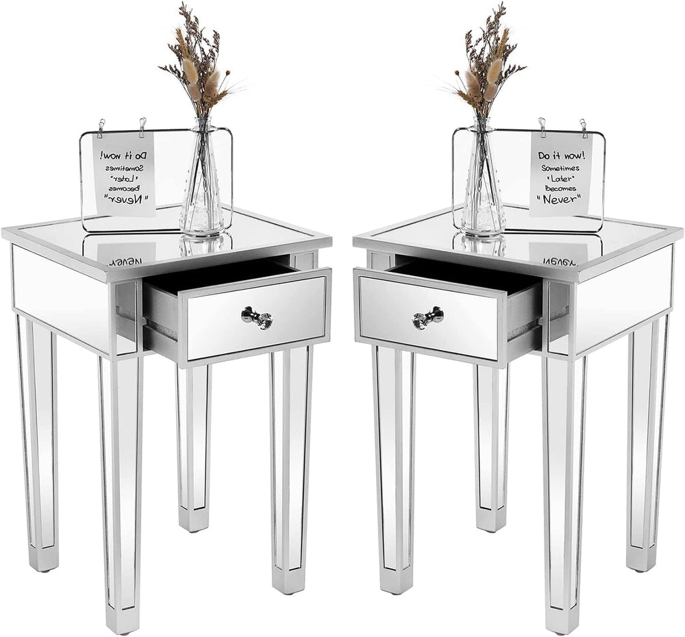 Bonnlo Mirrored Nightstand Set of 2, End Table, Small Modern Bedside Table/Ni...