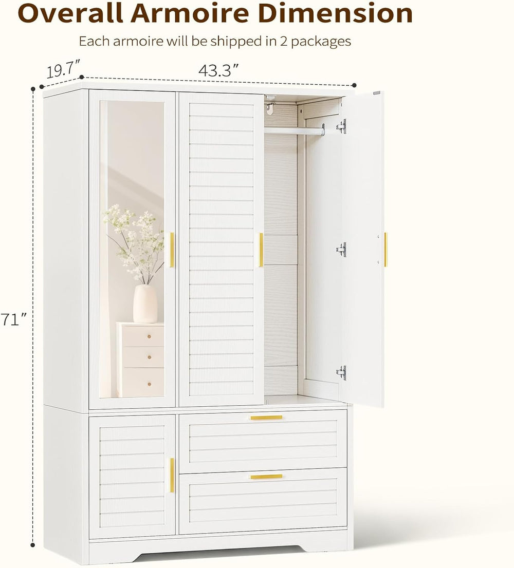Armoire Wardrobe Closet with Mirror - 71“ Wood Clothing Storage Cabinet, Ward...