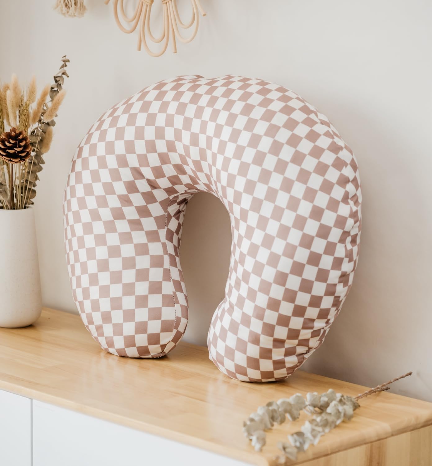 Little Jump Nursing Pillow Cover, Coffee & Green Checkered, 2 Pack | Stretchy and Soft, For Breastfeeding Pillows, Comfortable Slipcover, For Baby Boy and Girls