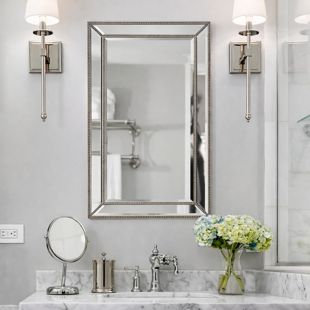 Head West 18x30 Beaded Champagne Silver Mirror with Beveled Edge and Glass Fr...