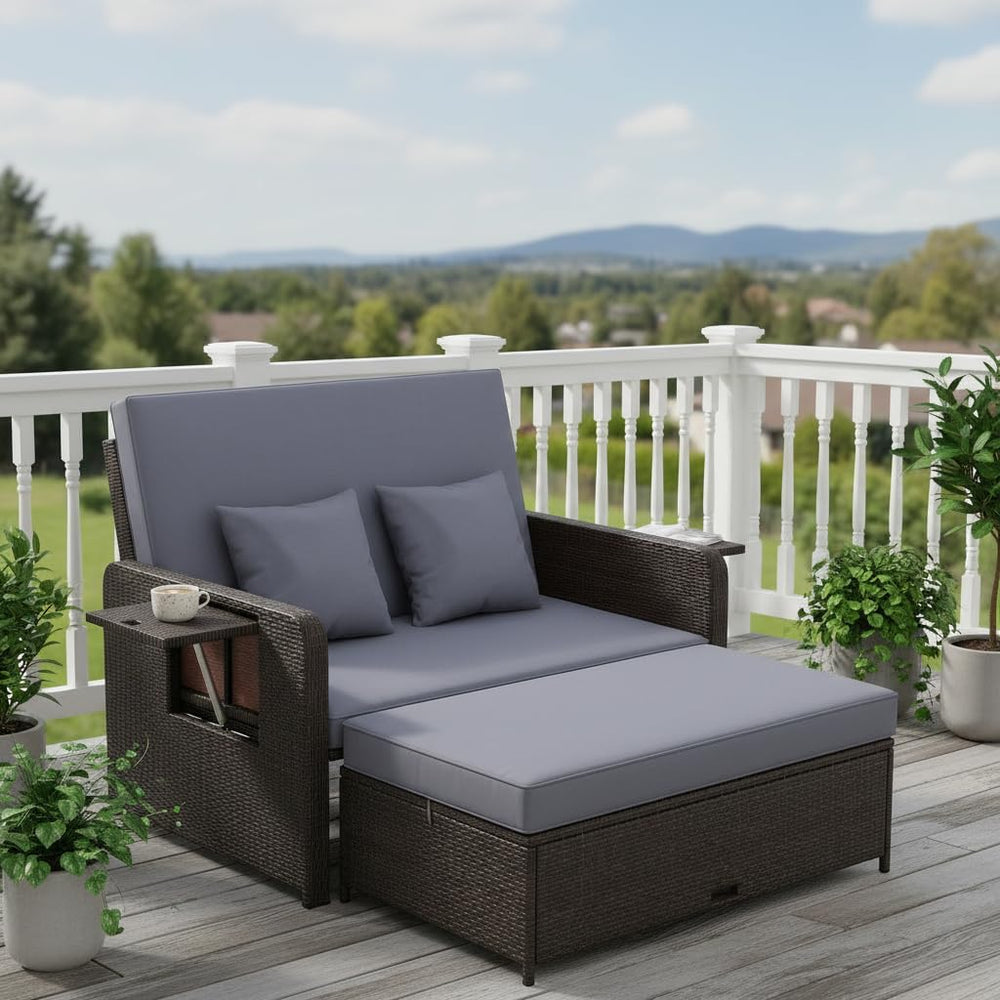Tangkula Patio Rattan Daybed with 4-Level Adjustable Backrest, Grey Cushion