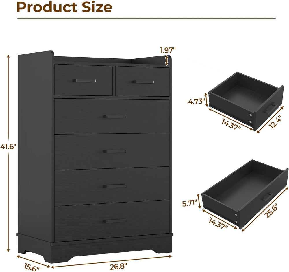 Black 6 Drawer Dresser, Wooden Storage Chest of 6 Drawers, Vertical Large Cap...