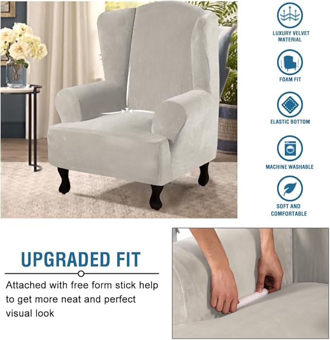 H.VERSAILTEX Wingback Chair Covers Velvet Plush Wing Chair Slipcover 1 Piece - Image 4