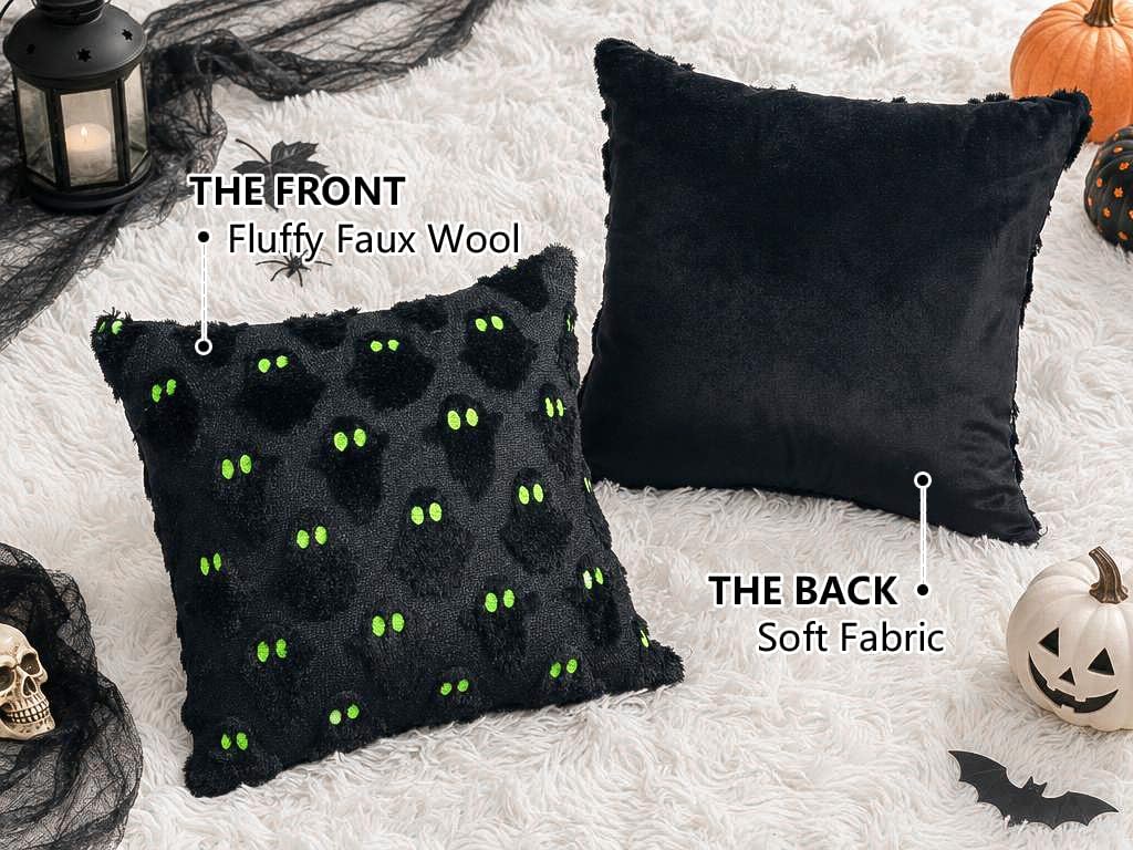 Halloween Ghost Decorative Pillow Covers 18x18 Set of 2, Black Green Soft Plush Faux Fur Farmhouse Throw Cushion Cases for Fall Autumn Holiday Home Decorations