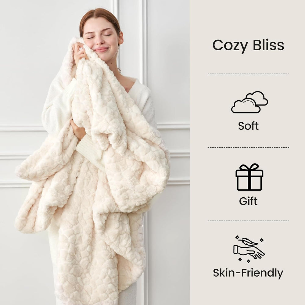 Cozy Bliss Faux Fur Throw Blanket for Couch, Fuzzy Soft Plush Thick Warm Fluf...