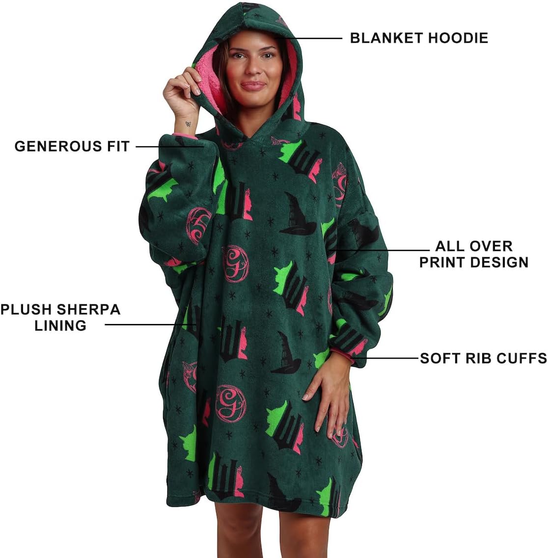 Bioworld Wicked Part 1 Witch & Glinda Seal All-Over Print Adult Green Long Sleeve Comfy Hooded Blanket