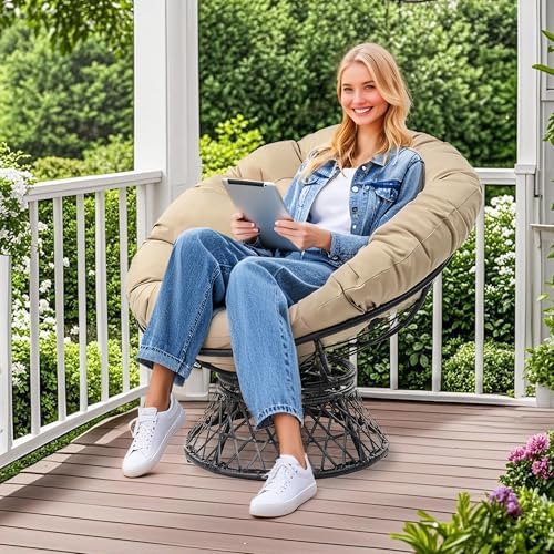 360° Swivel Papasan Chair - 350lbs Capacity Indoor/Outdoor Wicker Lounge Chai...