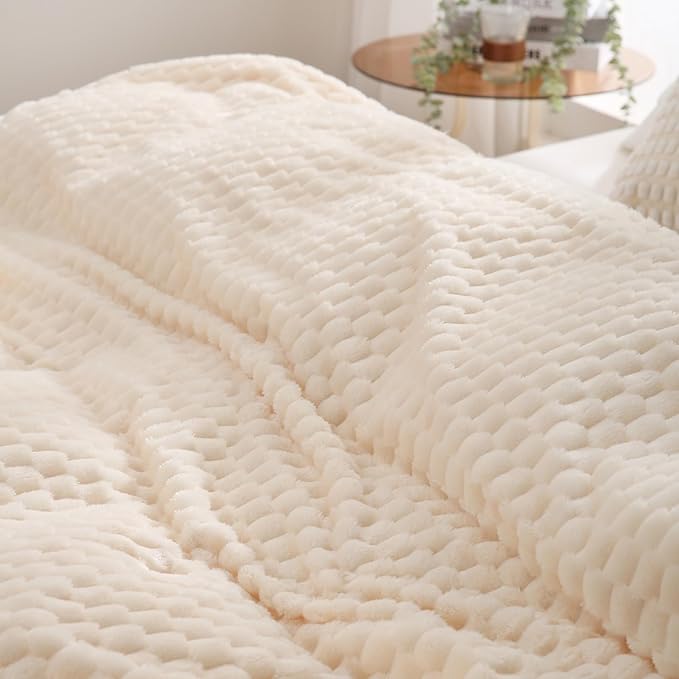 Puncuntex Cream White Throw Blanket 60"×80" inches Fuzzy 3D Jacquard Decorative - Image 4