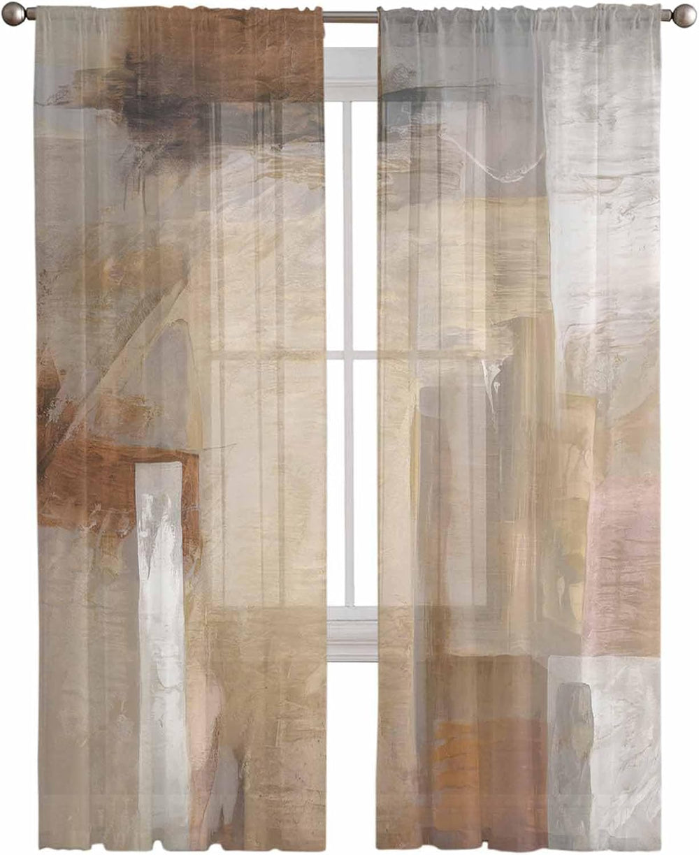 Oil Modern Paintings Abstract Sheer Curtains 84 Inch Length 2 Panels Set, Geo...