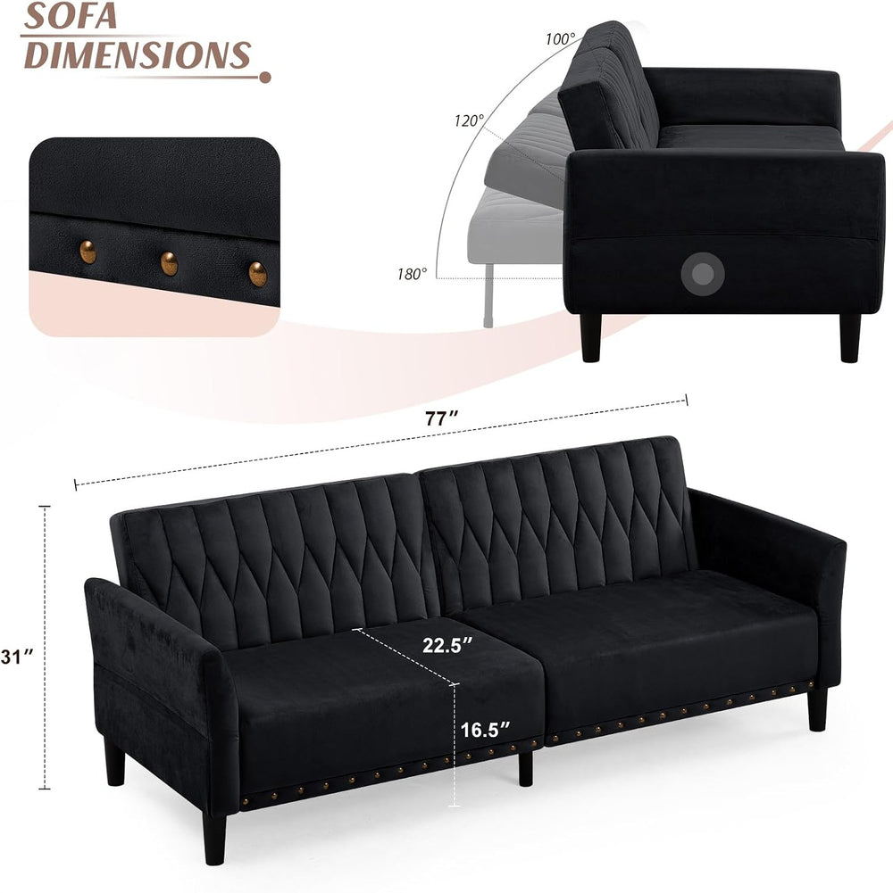 77 Inches Velvet Sofa Bed w/Adjustable Backrests & Armrests, Black