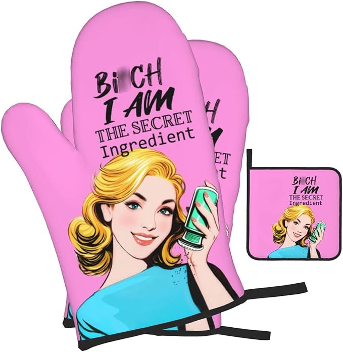 Funny Oven Mitts and Pot Holders Sets, Cute Pink Heat Resistant Oven Gloves and - Image 2