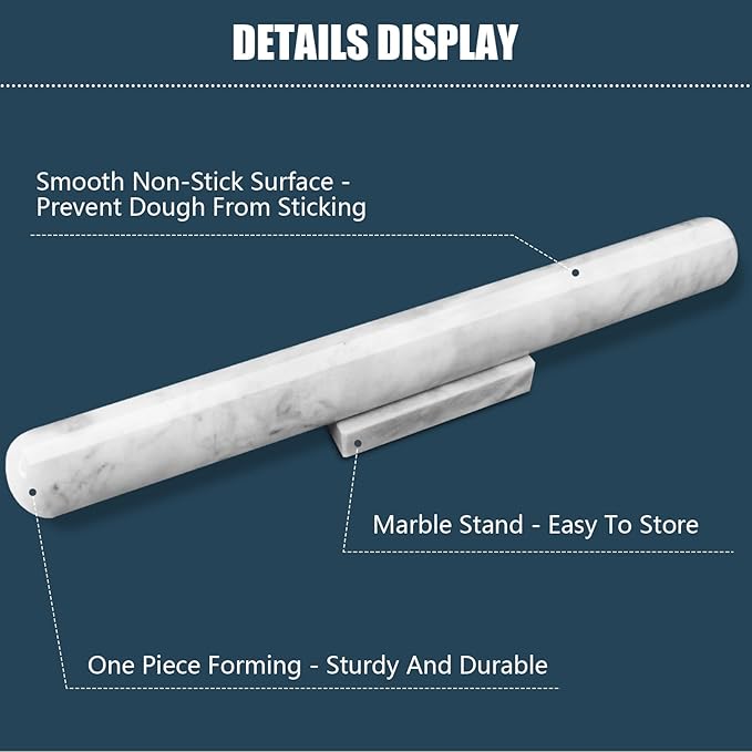 Marble Rolling Pin with Stand, 15.7" White Stone French Heavy Polished Non - Image 3