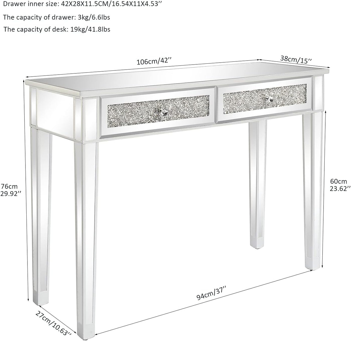 karl home mirrored desk with 2 drawers silver shown in use