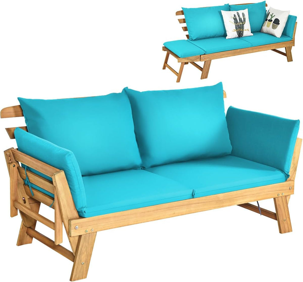 DORTALA Patio Convertible Couch Sofa Bed, Acacia Wood Daybed w/Adjustable Arm...