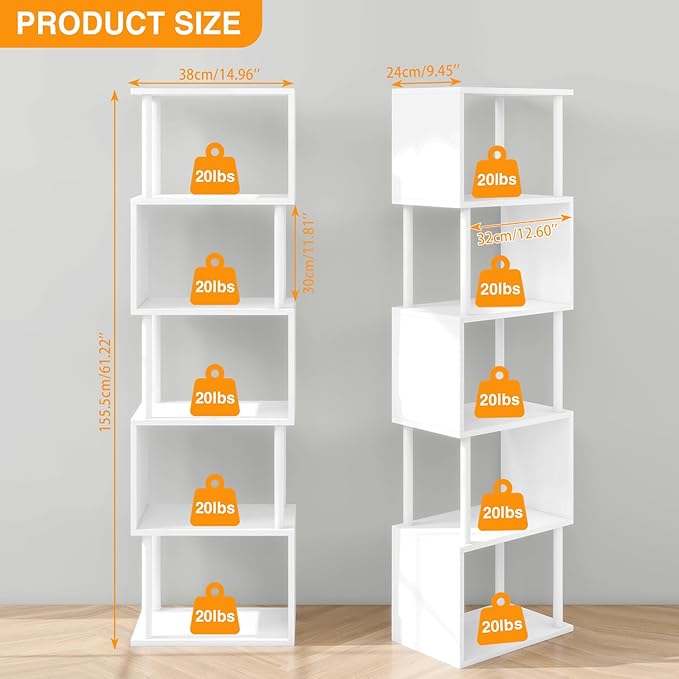 IBUYKE 6-Tier Tall Bookshelf,S-Shaped Geometric Bookcase, Wood Display Shelve...