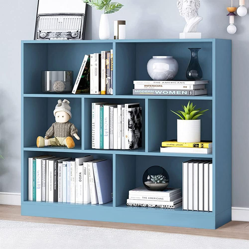 IOTXY Open Shelf Low Bookcase - Wooden 3-Tier Cube Bookshelf, Bright Blue