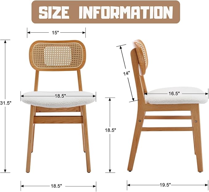 Rattan Dining Chairs Set of 2 White Lambswool Dining Room Chairs Natural Wood...