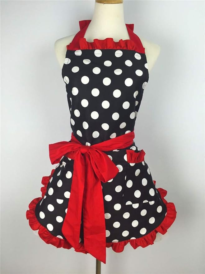 Hyzrz Cute Apron Retro Black Polka Dot Retro Ruffle Side Vintage Cooking Aprons - Image 3