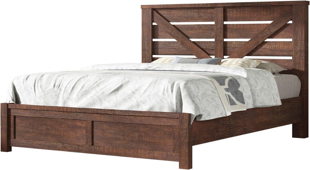 AMERLIFE Farmhouse Full Size Bed Frame with Barn Door Storage, Rustic Brown