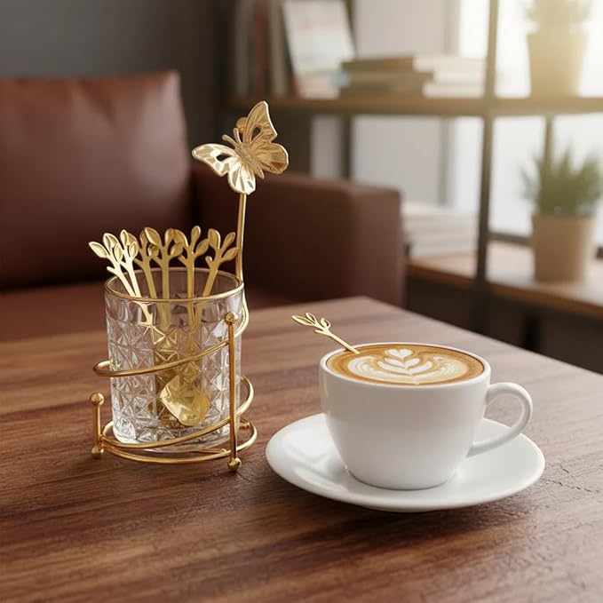 6PCS Coffee Spoons Set with Glass Holder, Small Stainless Steel Gold Tea Spoon - Image 6