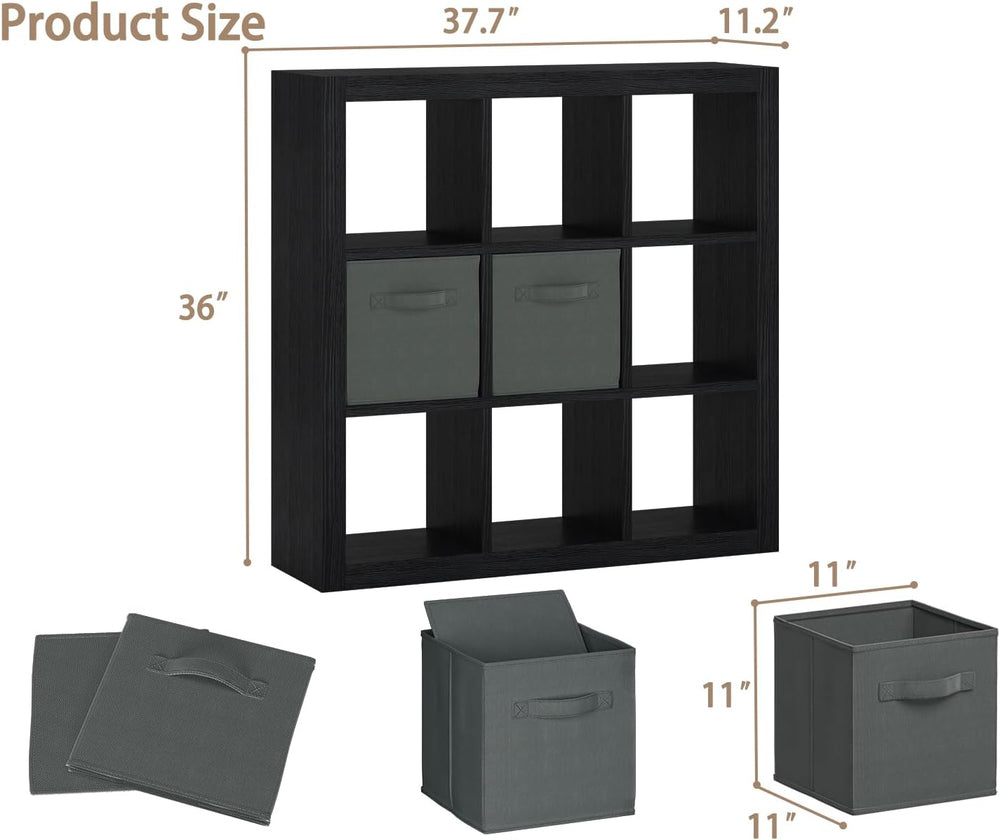 Bookshelf with Storage Bins, 9-Cube Storage Organizer Sturdy Wooden Bookcase ...