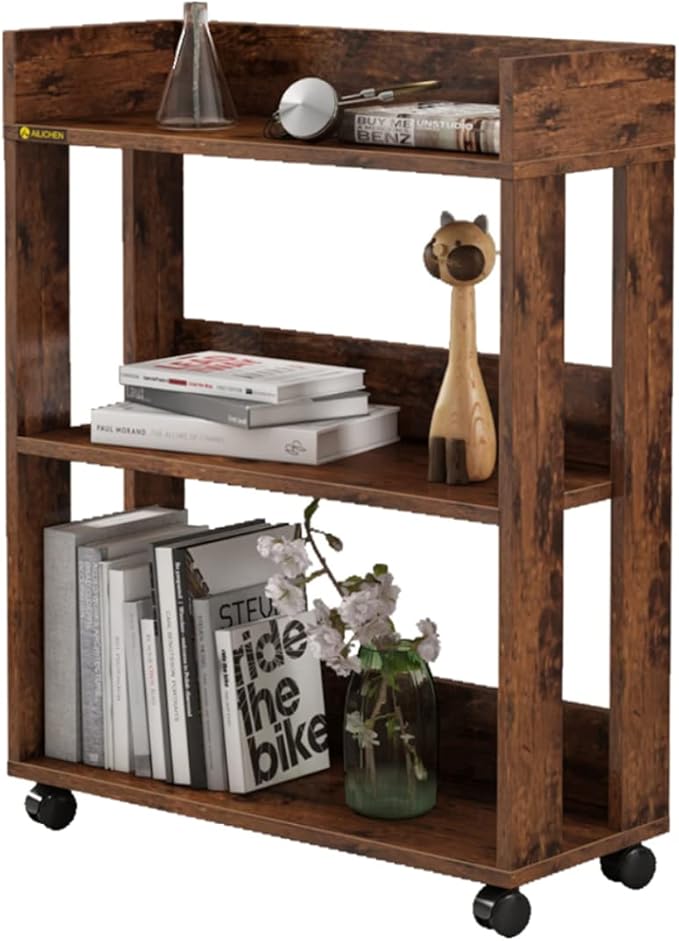 ALISENED 3 Tier Nightstand with Wheels, Wood Small Bookshelf and Bookcase, Fa...