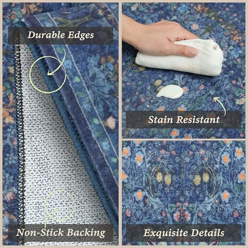 JTJ Kitchen Rugs Set of 3, Blue Vintage Kitchen Mats, Washable Runner