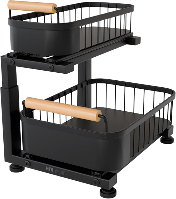 Premium Heavy Duty Carbon Steel Under Sink Organizer, Large 2 Tier Pull Out by HTHGoods