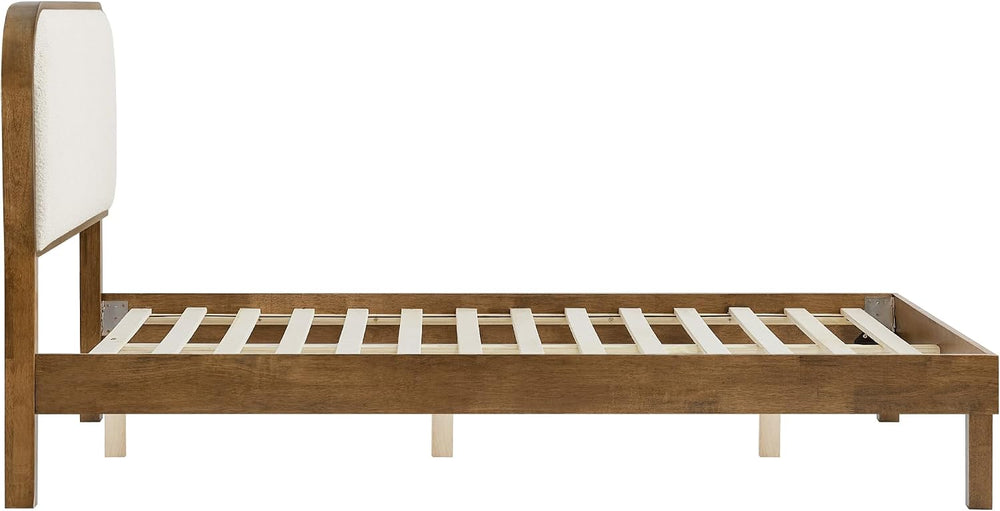 KISLOT Wood Bed Frame with Upholstered Headboard, Mid-Century Boucle Fabric P...