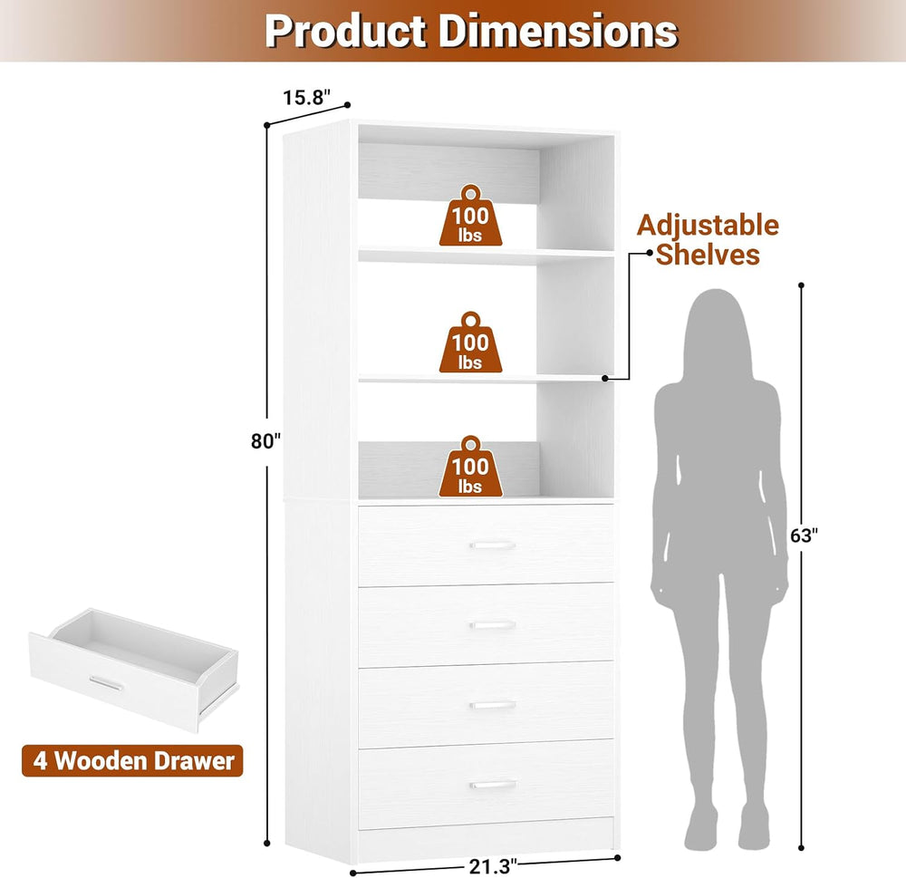 Aheaplus Closet Drawers System, 21.3" Wood Closet Organizer System, White