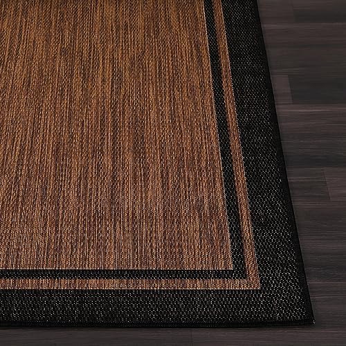 CAMILSON Indoor Outdoor Rug, 8x10 Bordered Nut Brown Black Modern Area Rugs f...