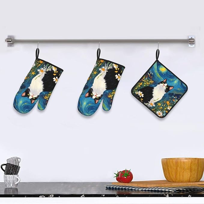 Funny Black Cat Oven Mitts and Hot Pads Set of 3, Abstract Cute Kitchen Mitts - Image 6