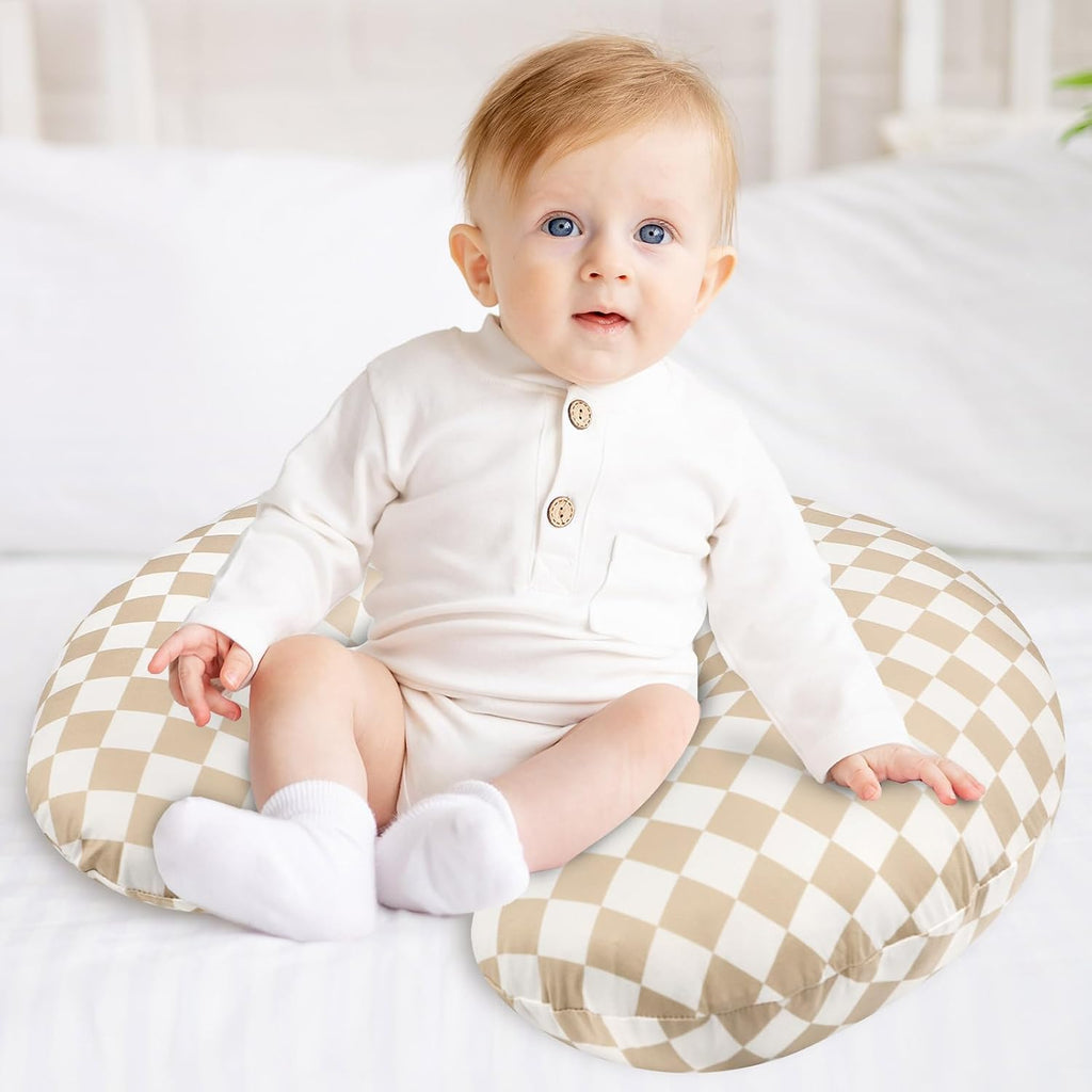 DILIMI Nursing Pillow Cover, Stretchy Removable Case for Breastfeeding Pillows, Ultra Soft Comfortable Slipcover for Baby Girl and Boy, Light Brown Checkerboard
