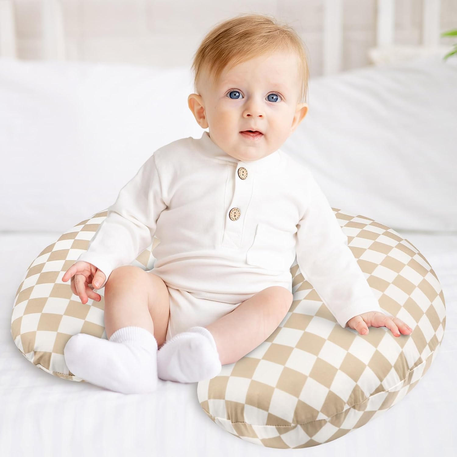 DILIMI Nursing Pillow Cover, Stretchy Removable Case for Breastfeeding Pillows, Ultra Soft Comfortable Slipcover for Baby Girl and Boy, Light Brown Checkerboard