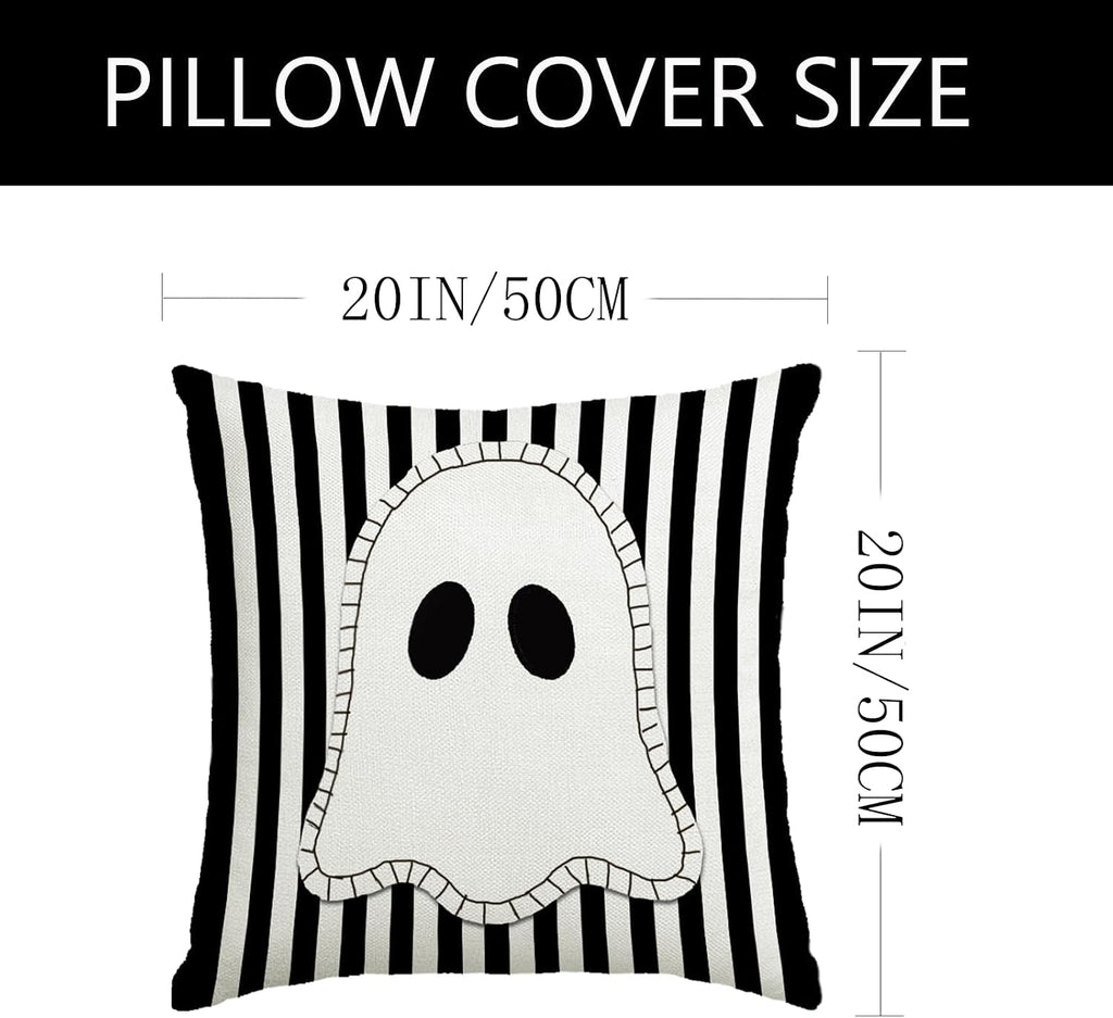 Halloween Decor Pillow Covers 20x20 Inch,Set of 4 Halloween Decorations Outdoor Indoor Throw Pillow Covers, Hey Boo Cute Spooky Ghost Black Striped Linen Cushion Case for Home Sofa Couch Bed Chair