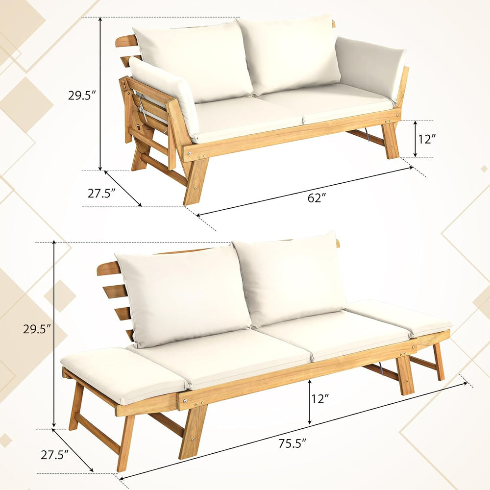 Tangkula Convertible Acacia Wood Patio Sofa Bed with Adjustable Armrest