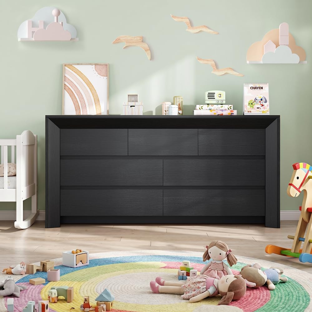 iPormis 7 Drawer Dresser for Bedroom, 57” Wide Wooden Dresser, Black